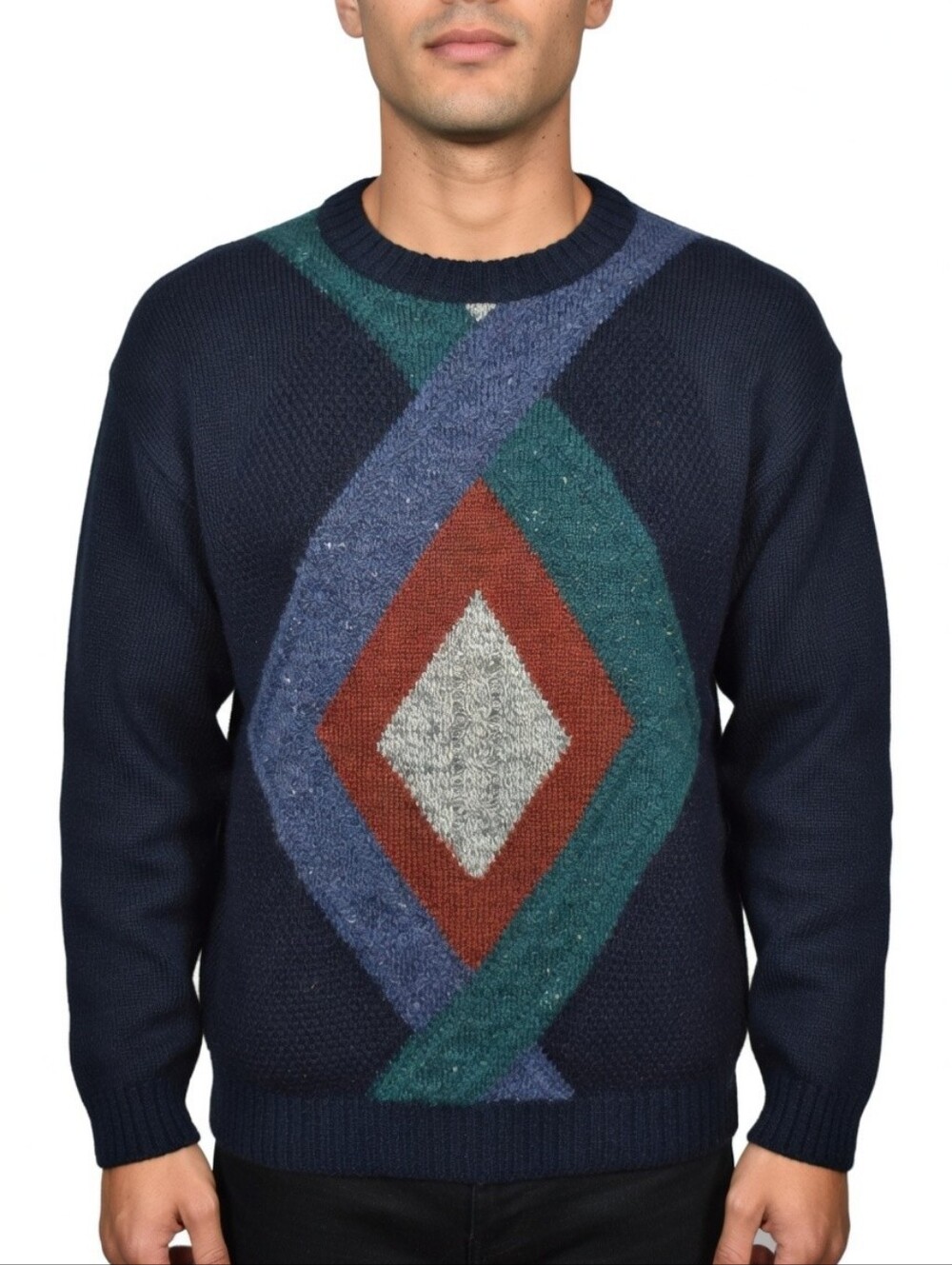 Vintage Men's Made In Ireland Wool Blend Navy Geometric Knit Crewneck Sweater M
